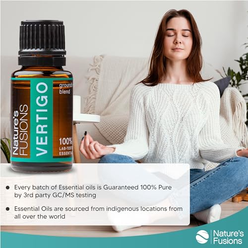 Vertigo Relief ingredient list highlighting ginger, peppermint, and lemon oils.