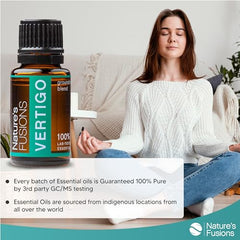 Vertigo Relief ingredient list highlighting ginger, peppermint, and lemon oils.