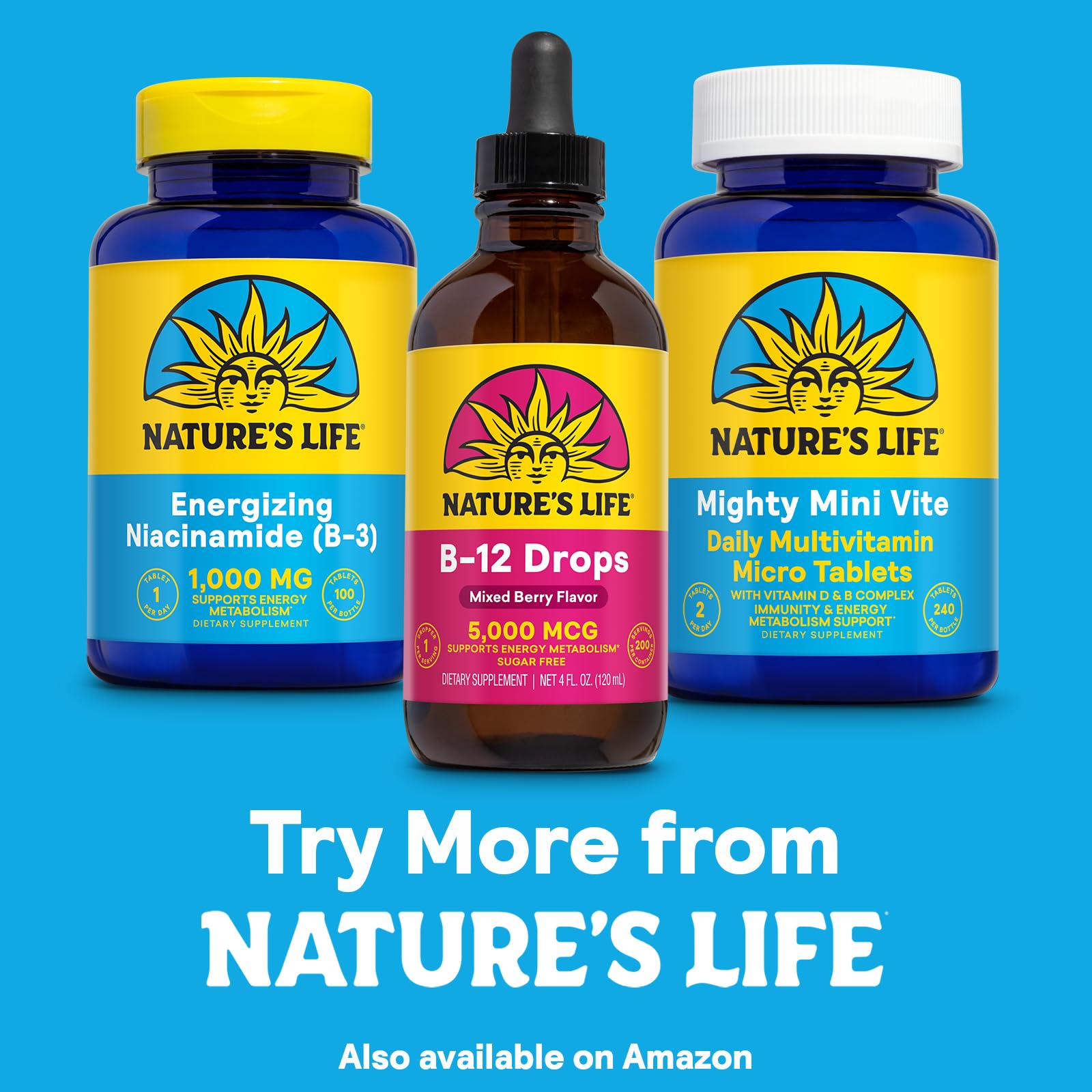 Nature's Life B12 Drops product on eco-friendly packaging with planet charity note