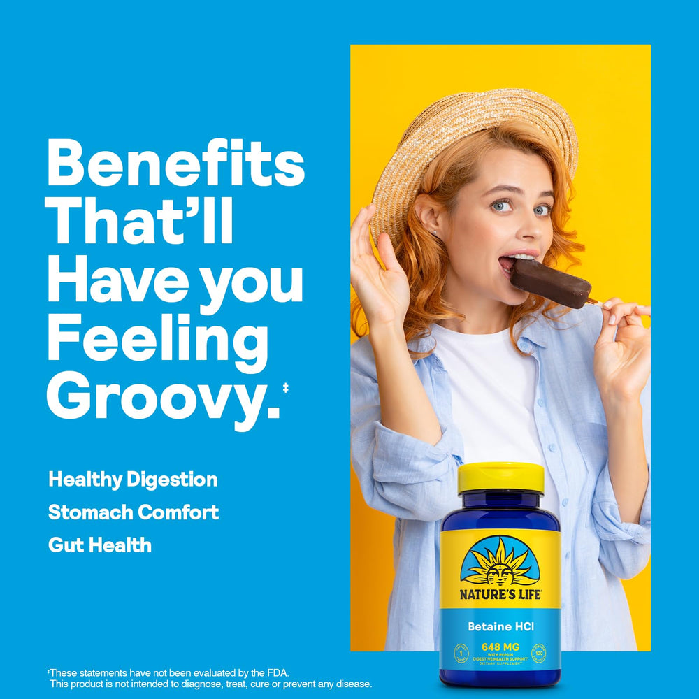 Bottle label highlights 648 mg Betaine HCl and 130 mg Pepsin per capsule