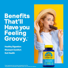 Bottle label highlights 648 mg Betaine HCl and 130 mg Pepsin per capsule