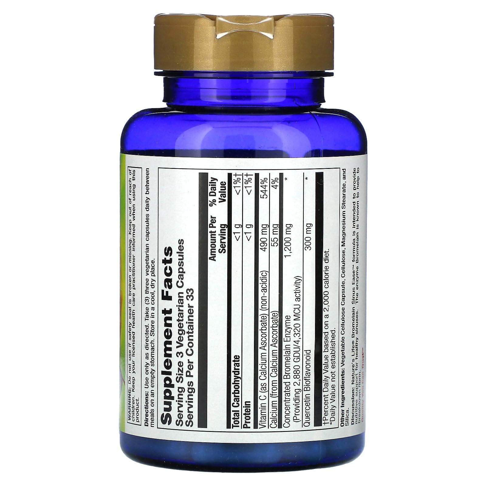 Close-up of Nature's Life Bromelain Sinus Ease label showing bromelain 1200mg, quercetin and vitamin C