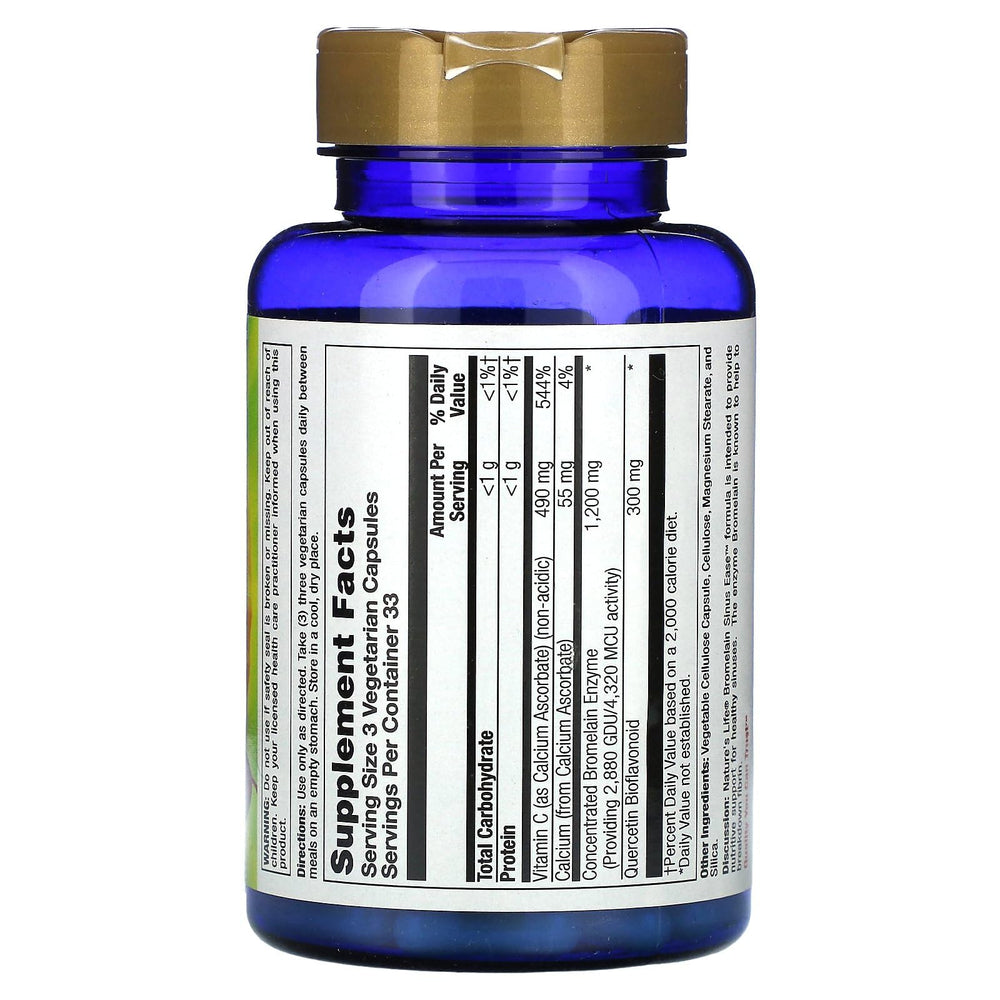 Close-up of Nature's Life Bromelain Sinus Ease label showing bromelain 1200mg, quercetin and vitamin C