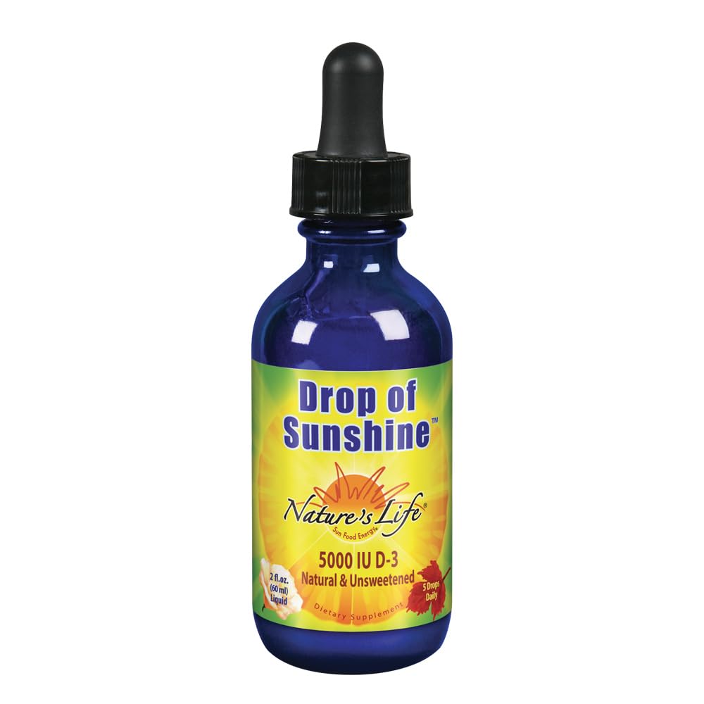 Bottle of Nature's Life Drops of Sunshine Vitamin D-3 5000IU in organic EVOO and coconut oil, 2 oz