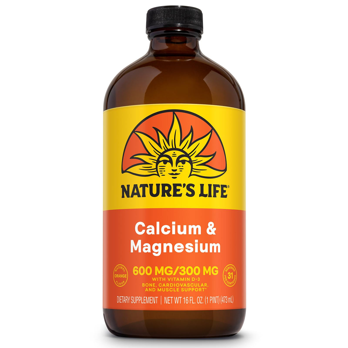 NATURE'S LIFE Liquid Calcium Magnesium bottle showing 600mg Calcium and 300mg Magnesium