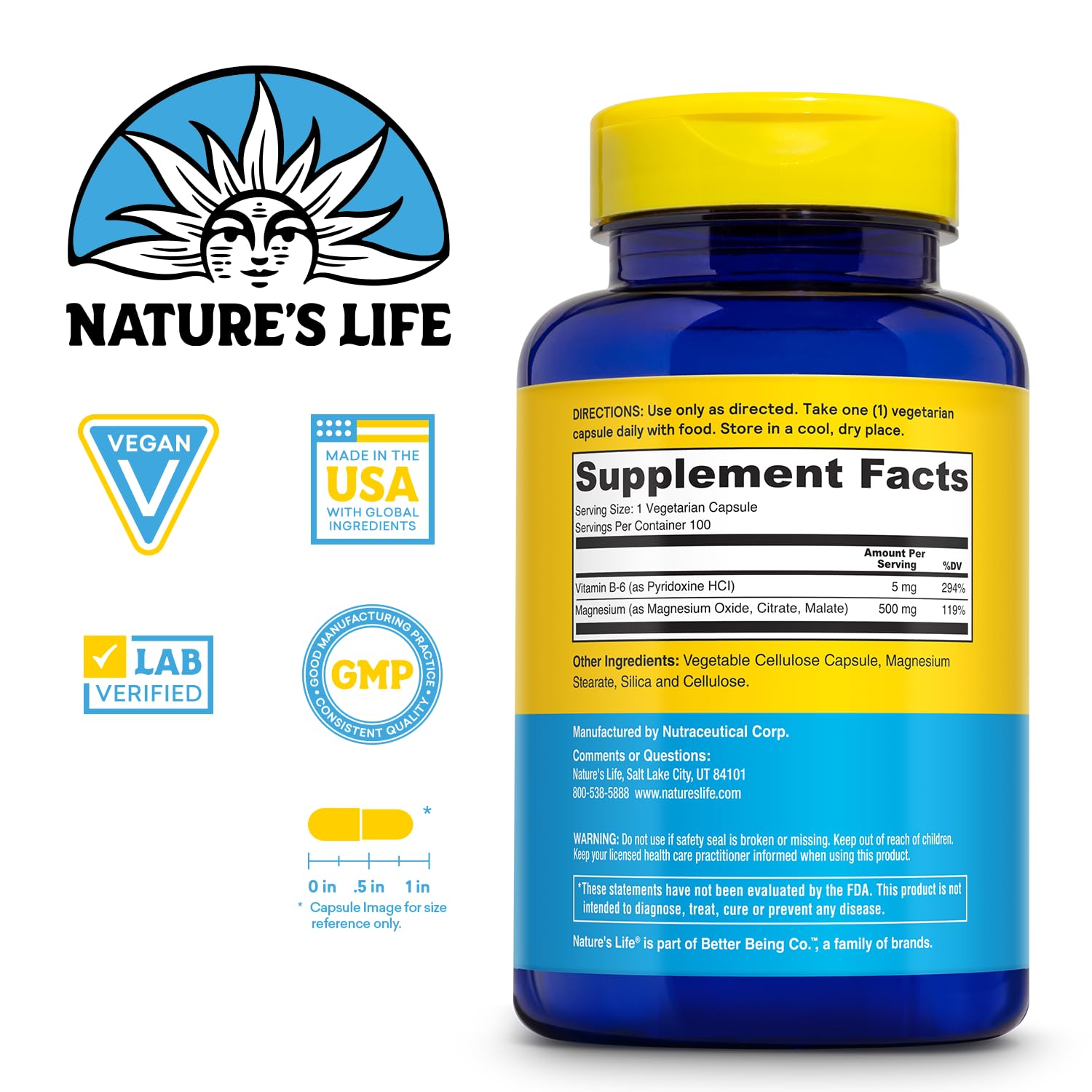 Close-up of Nature's Life Magnesium 500 mg capsule highlighting magnesium blend
