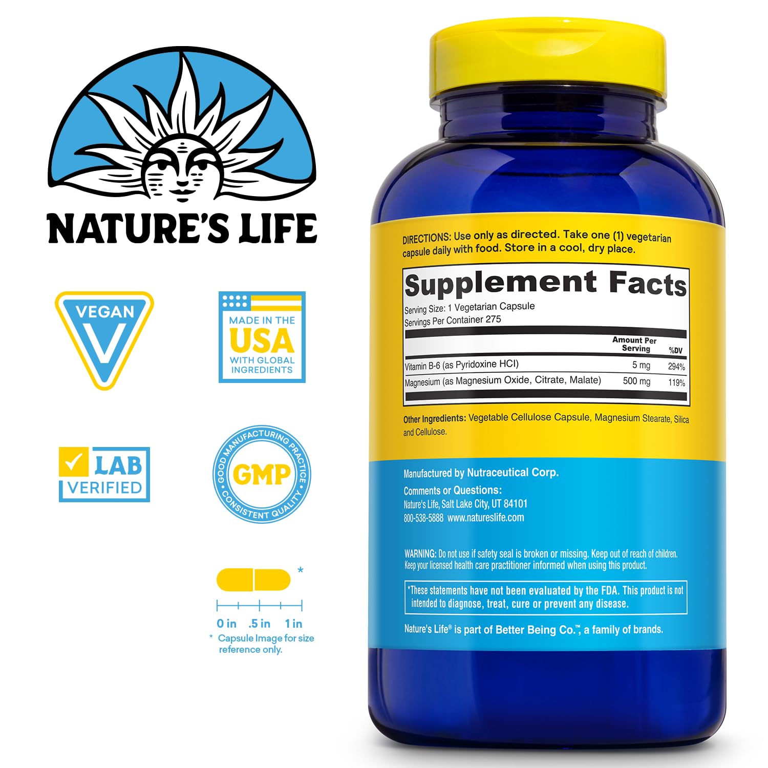 Close-up of magnesium 500 mg capsules with Vitamin B-6