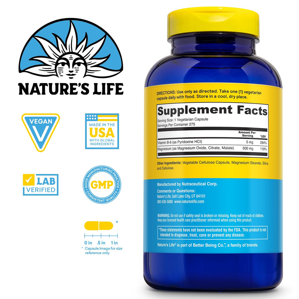 Close-up of magnesium 500 mg capsules with Vitamin B-6