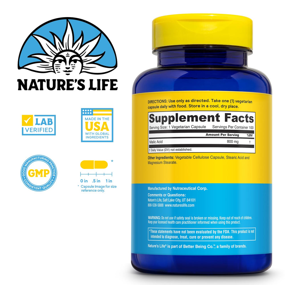 Close-up of Nature's Life Malic Acid 800 mg tablets