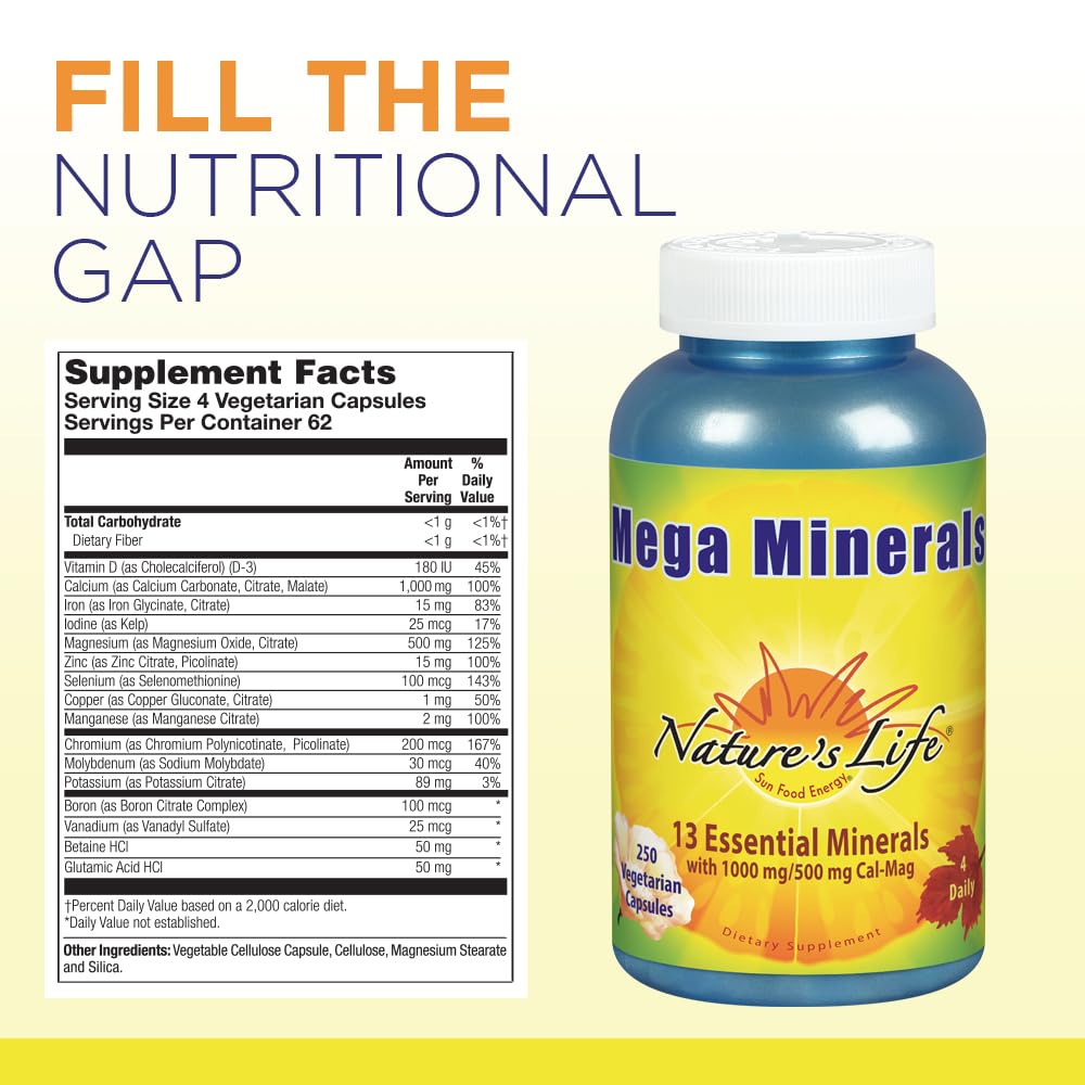 Front view of Nature's Life Mega Minerals Complex bottle