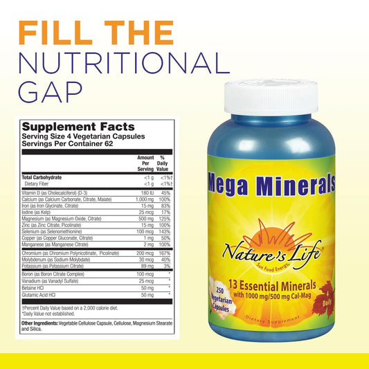 Front view of Nature's Life Mega Minerals Complex bottle