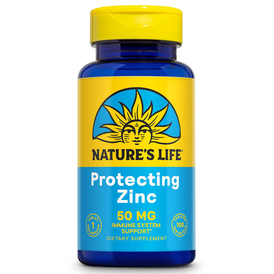 Bottle of Nature's Life Protecting Zinc 50mg with Copper for immune support