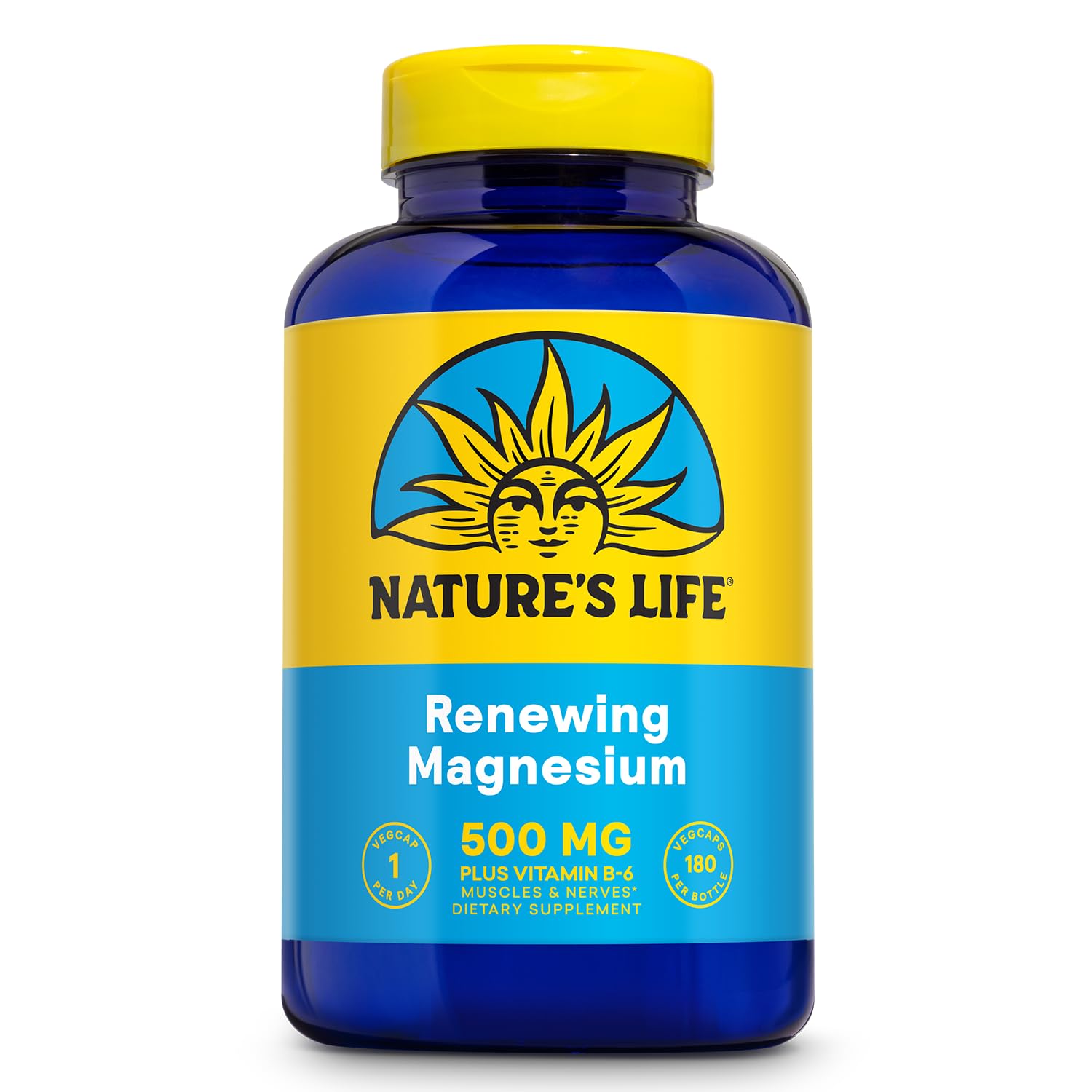 Nature's Life Renewing Magnesium 500 mg + Vitamin B-6 bottle with 180 VegCaps