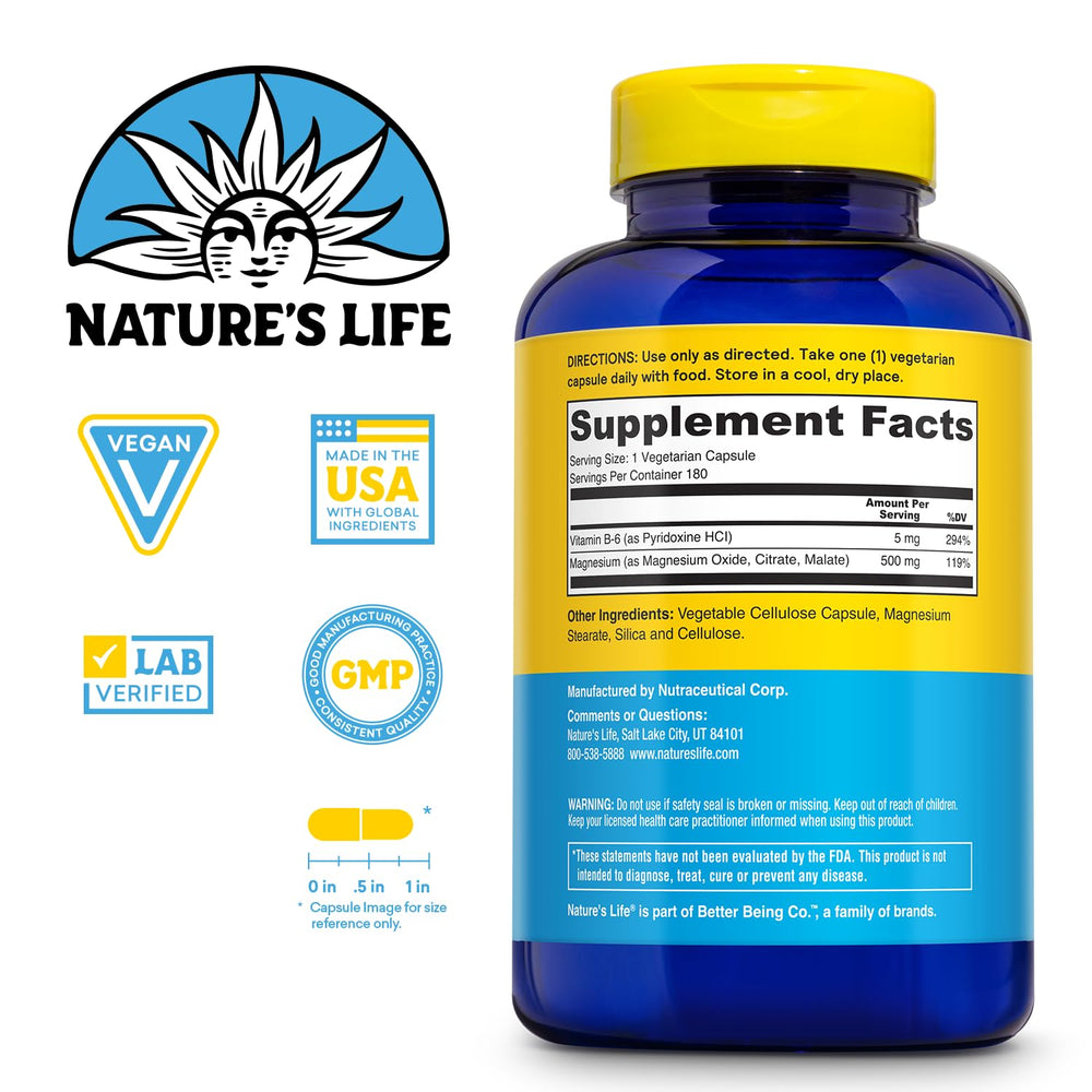 Close-up of magnesium and Vitamin B-6 capsules