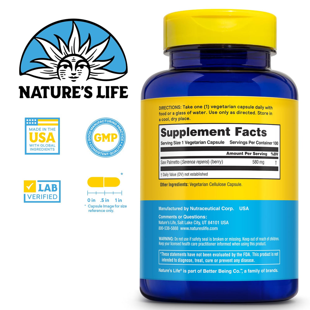 Close-up of Nature's Life Saw Palmetto 580mg capsules