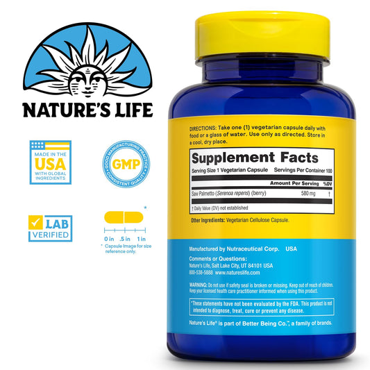 Close-up of Nature's Life Saw Palmetto 580mg capsules