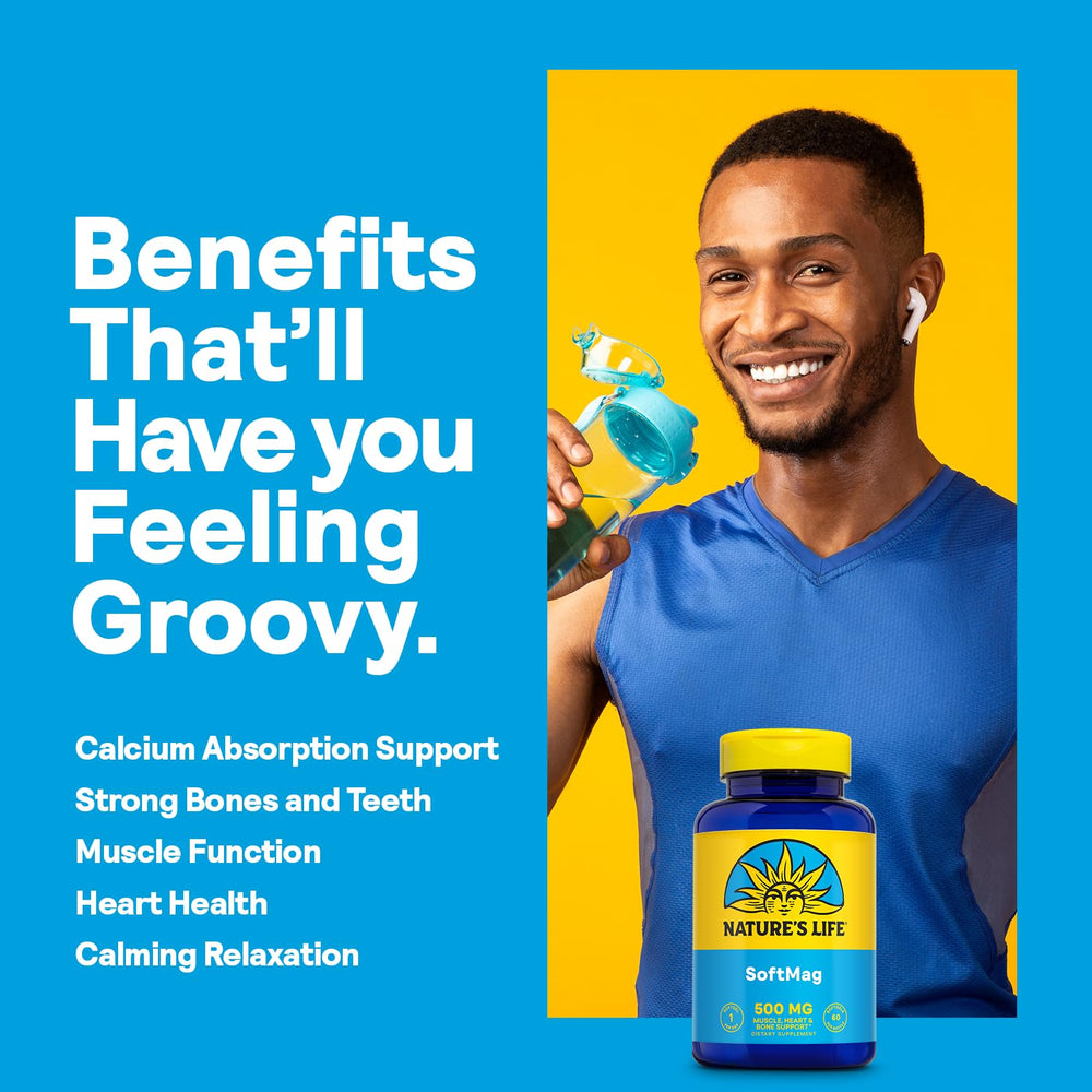 Bottle of Nature's Life SoftMag magnesium supplements on a white surface