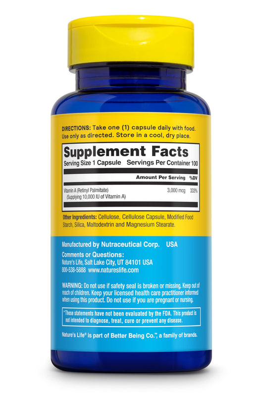 Close-up of Nature's Life Vitamin A 10,000 IU bottle label