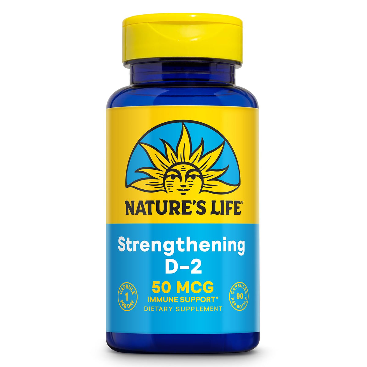 Bottle of Nature's Life Vitamin D2 2000 IU Ergocalciferol with Immune Support label
