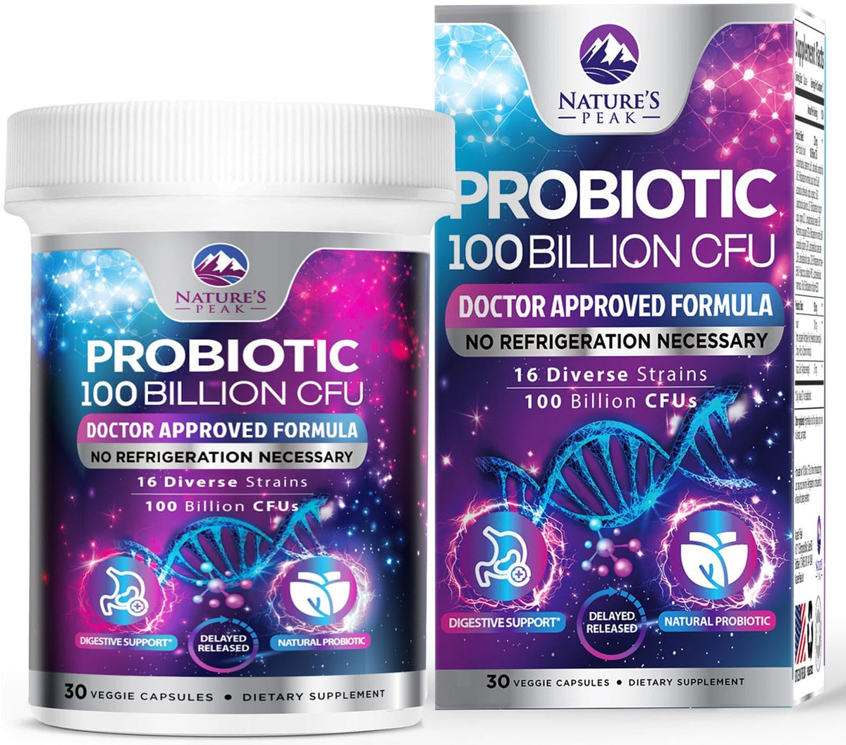 Nature's Peak Probiotics bottle displaying 100B CFU and 16 strains