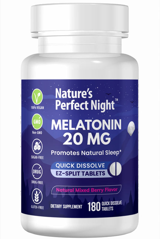 Nature's Perfect Night Melatonin 20mg bottle with mixed berry flavor