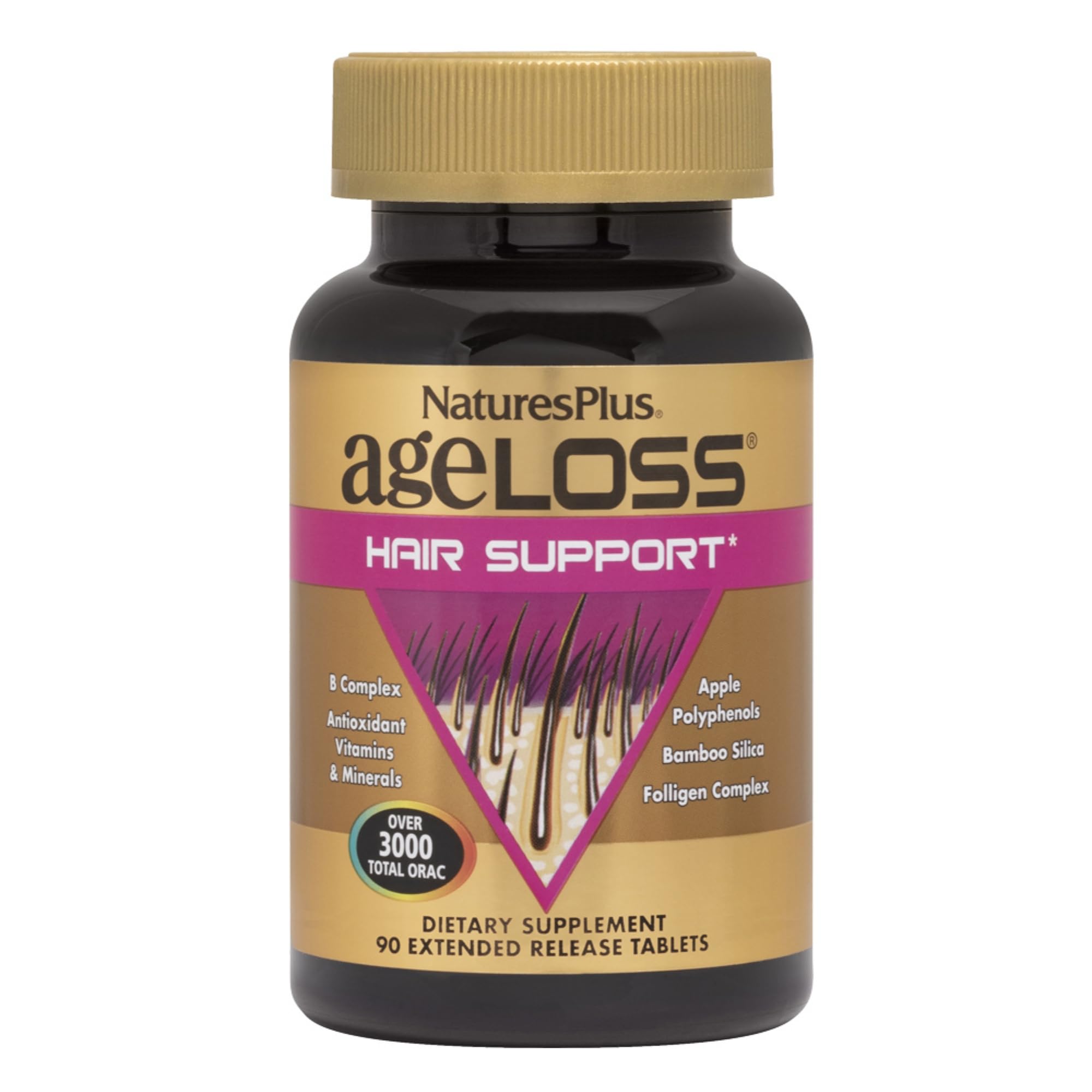 Natures Plus AgeLoss Hair Support bottle label showing 90 extended-release tablets