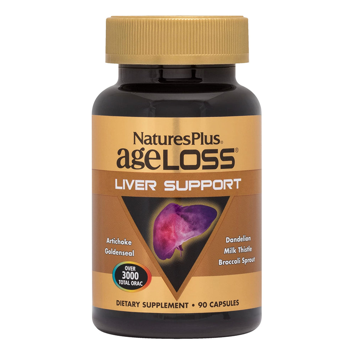 Front view of Natures Plus AgeLoss Liver Support bottle with 90 capsules