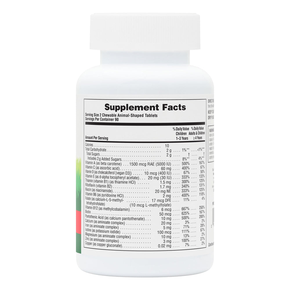 Nutrition facts panel on Nature's Plus Animal Parade bottle