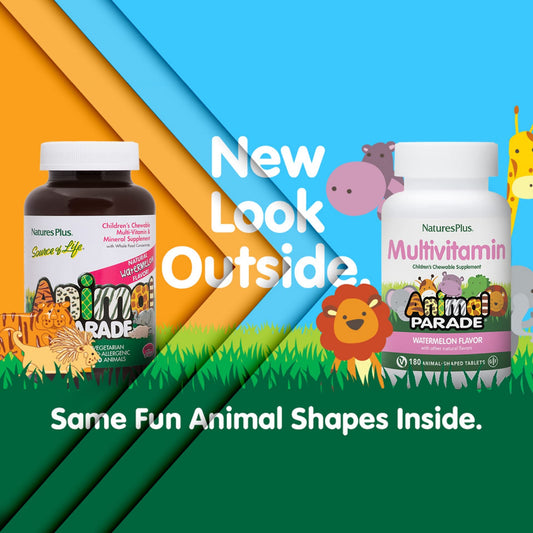 Close-up of an Animal Parade chewable tablet shaped like a friendly animal