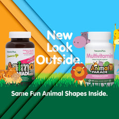 Close-up of an Animal Parade chewable tablet shaped like a friendly animal