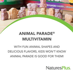 Animal Parade multivitamin bottle label highlighting vegan and gluten-free attributes