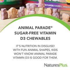 Bottle label showing Natures Plus Animal Parade Vitamin D3 500 IU details.