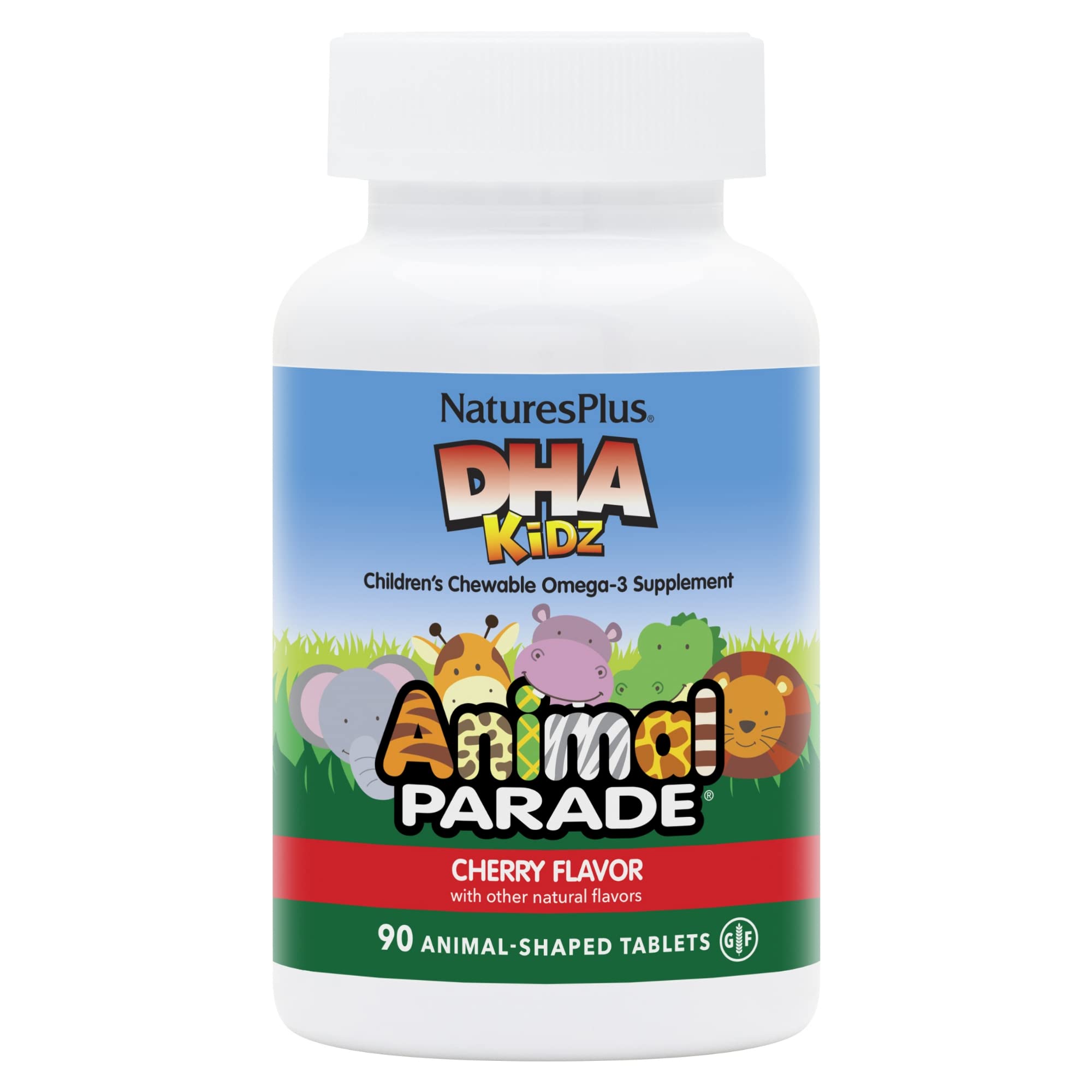 Front view of Nature's Plus Animal Parade DHA kids' chewables bottle with 90 cherry-flavored animal-shaped tablets