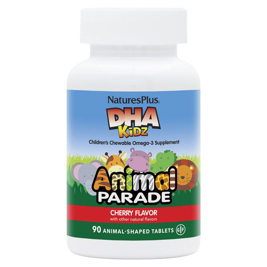 Front view of Nature's Plus Animal Parade DHA kids' chewables bottle with 90 cherry-flavored animal-shaped tablets