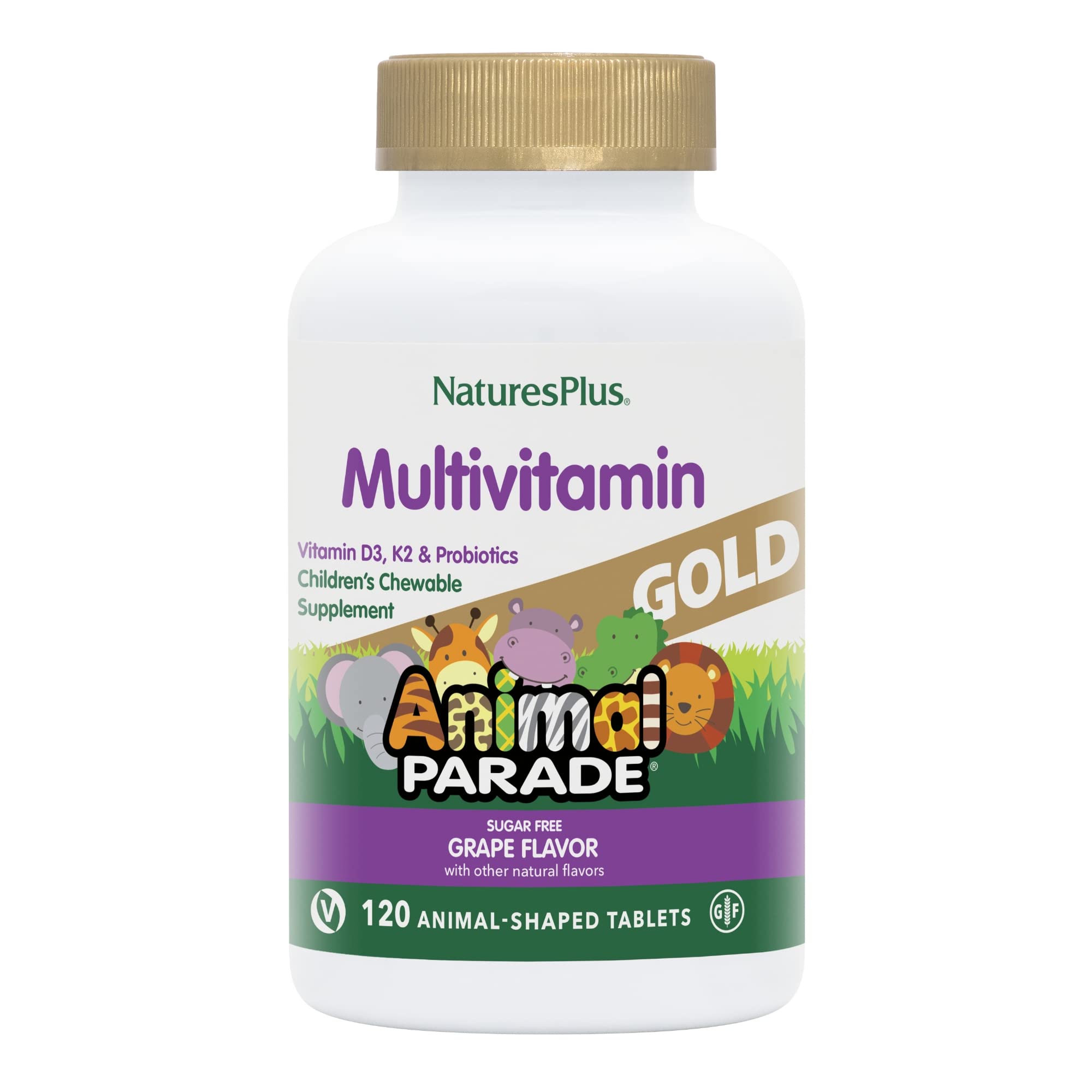 Bottle of Natures Plus Animal Parade Gold grape chewable multivitamins for kids