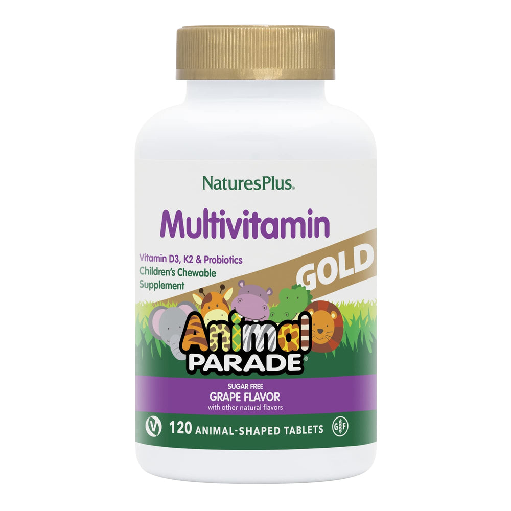 Bottle of Natures Plus Animal Parade Gold grape chewable multivitamins for kids