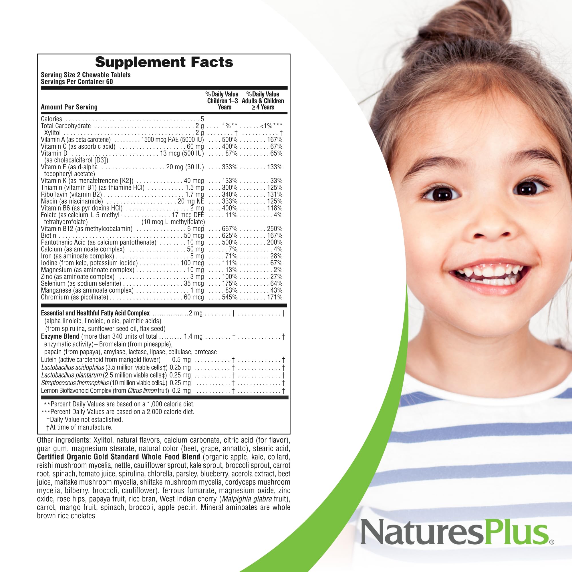Nutrition facts label for Nature's Plus Animal Parade Gold