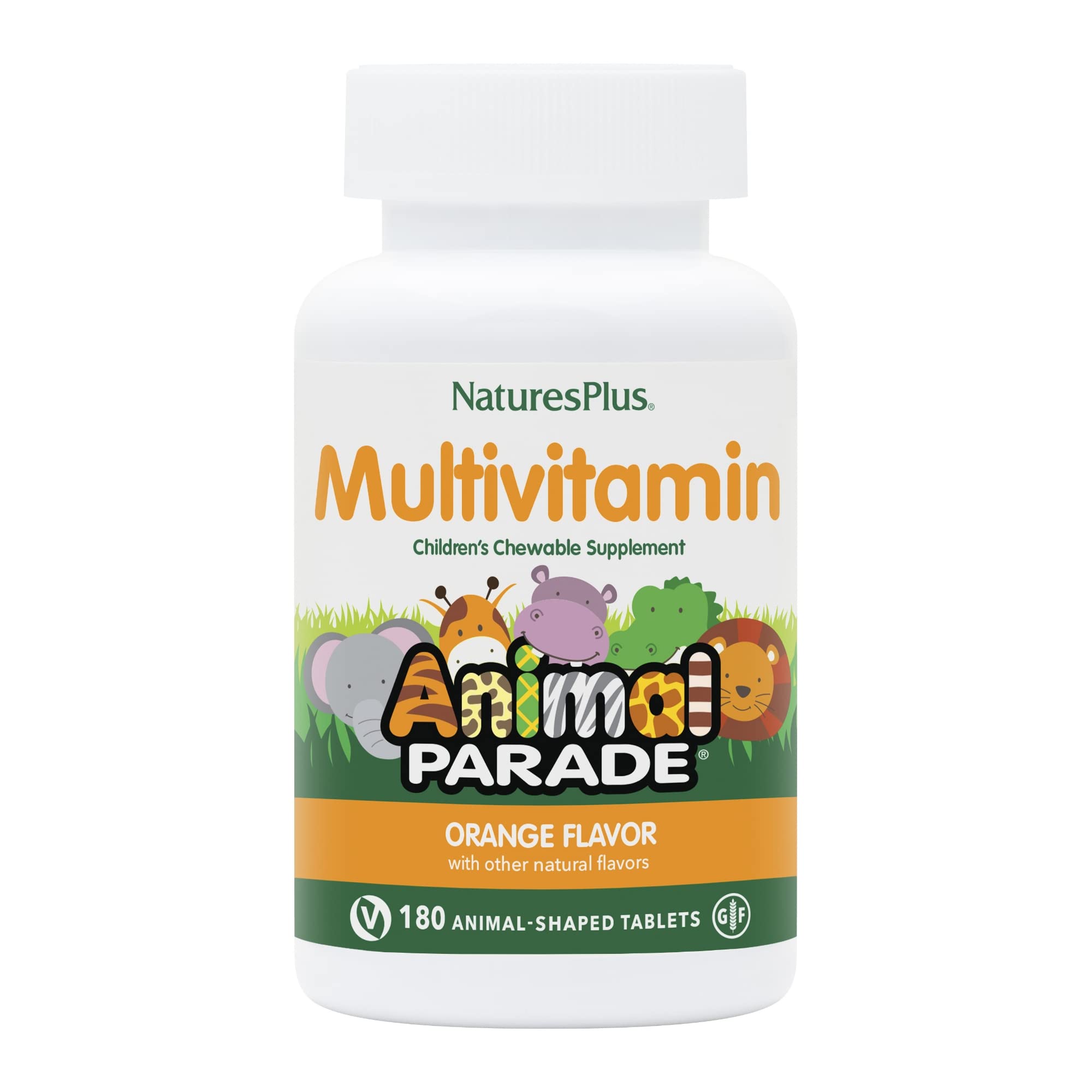 Front packaging image of Natures Plus Animal Parade Orange flavor multivitamin (180 chewables)