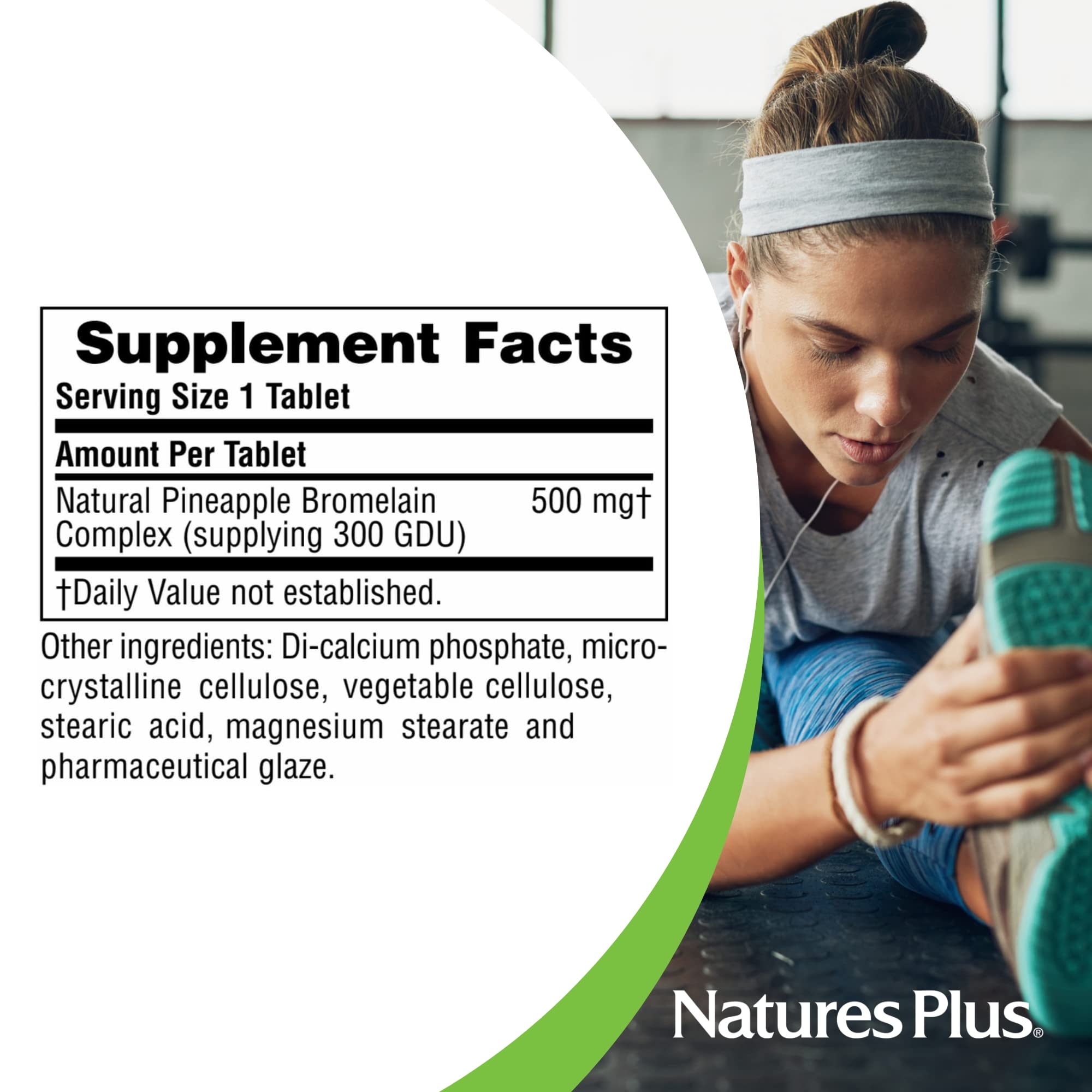 Close-up of Natures Plus Bromelain 500 mg bottle with tablets