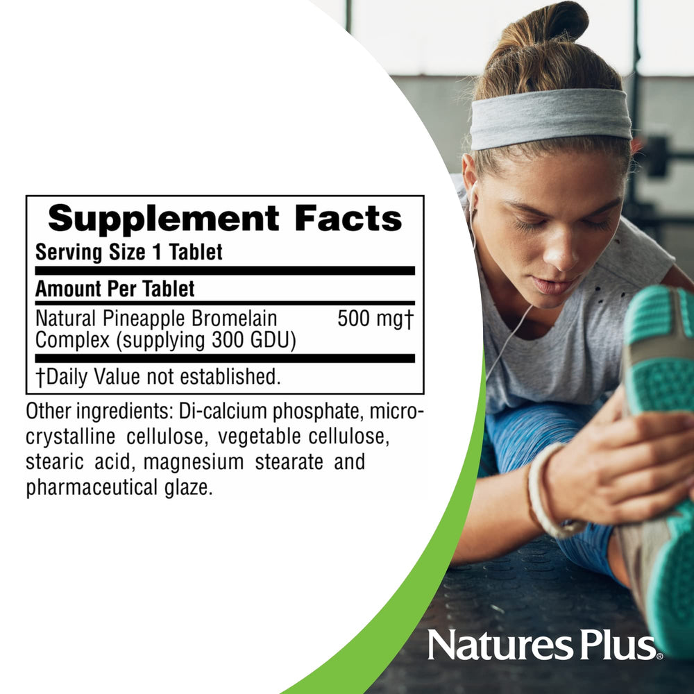 Close-up of Natures Plus Bromelain 500 mg bottle with tablets