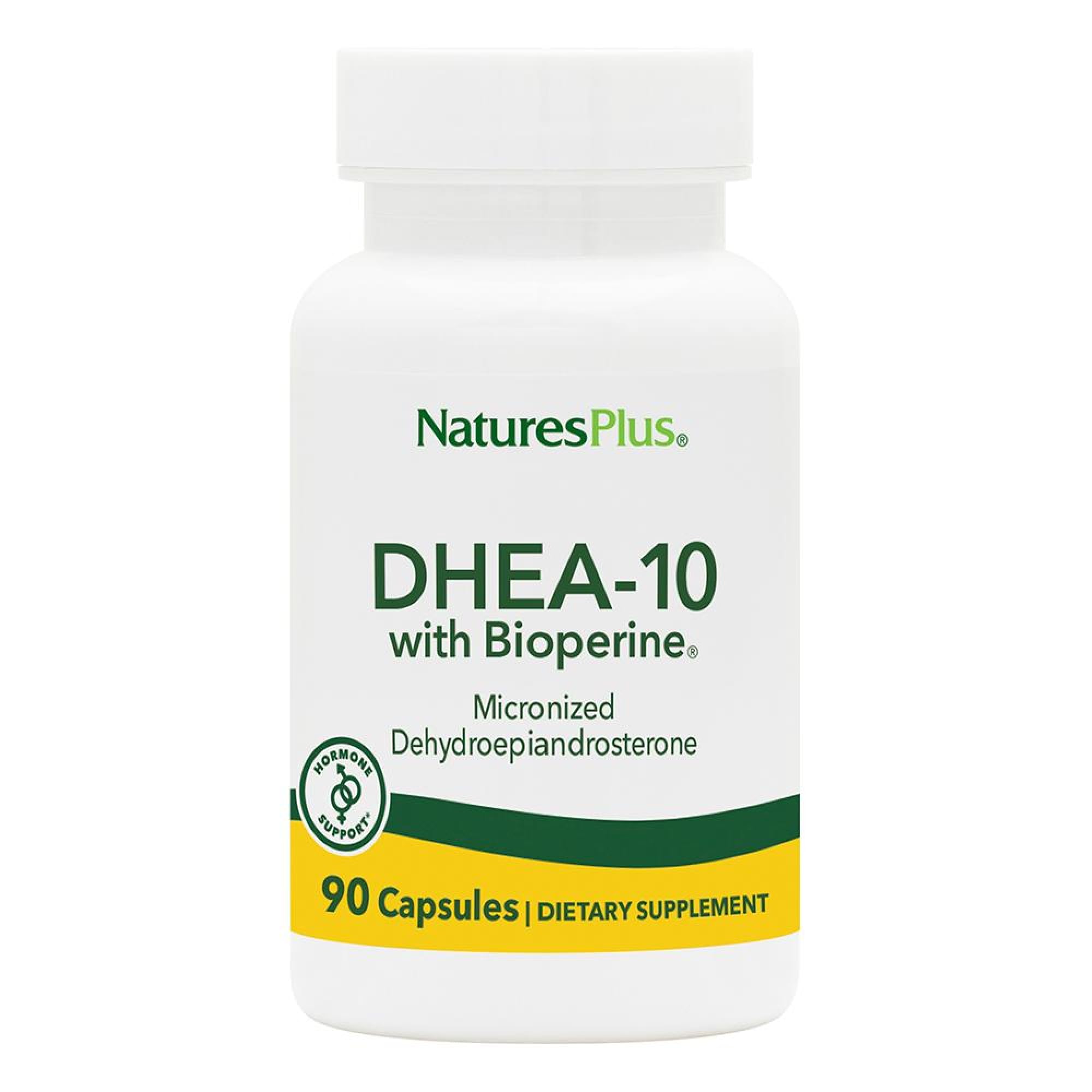Natures Plus DHEA 10 with Bioperine bottle on white background