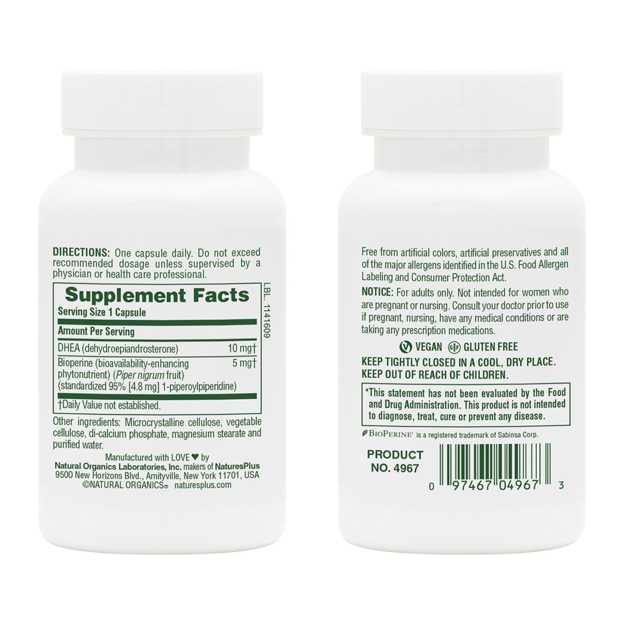 Bottle of Natures Plus DHEA 10 with Bioperine supplement