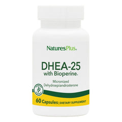 Front view of Natures Plus DHEA-25 with Bioperine bottle