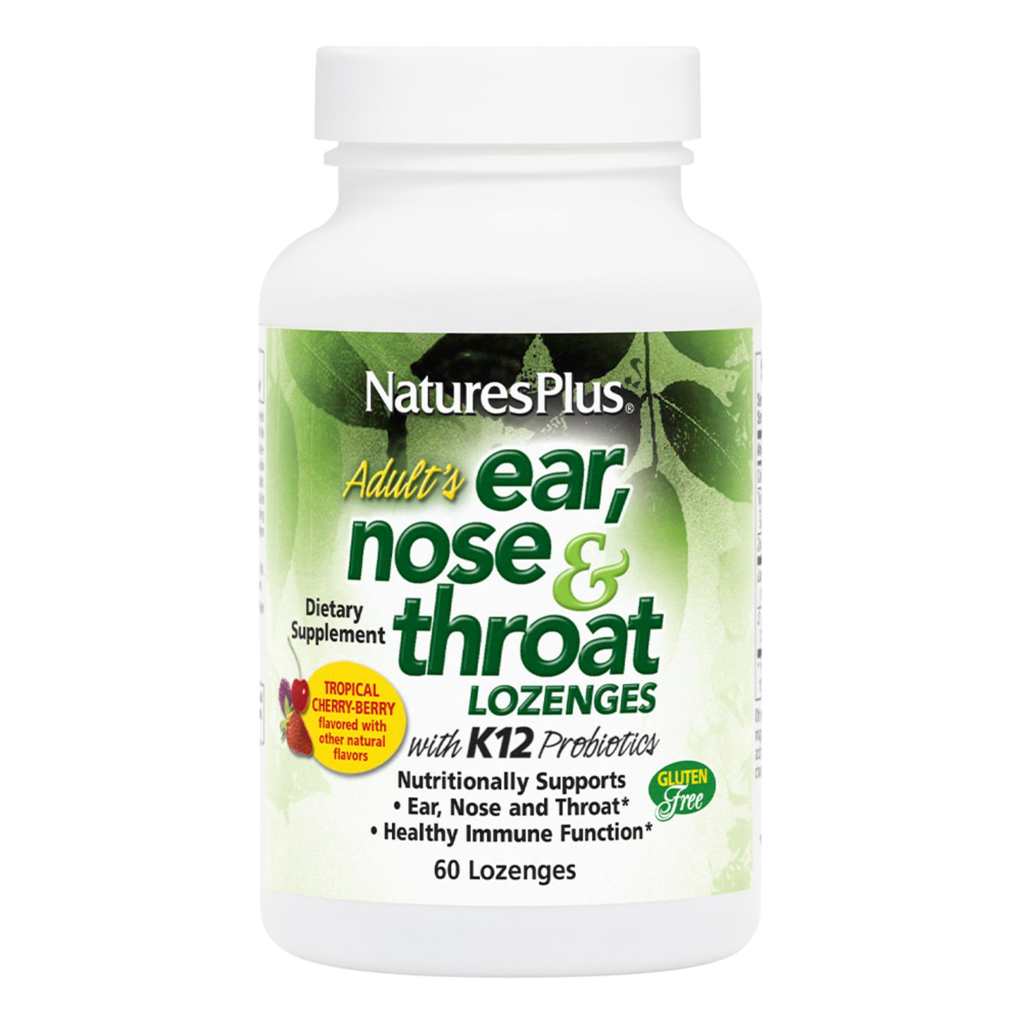 Natures Plus Ear Nose Throat probiotic lozenges with K12 and tropical cherry-berry flavor