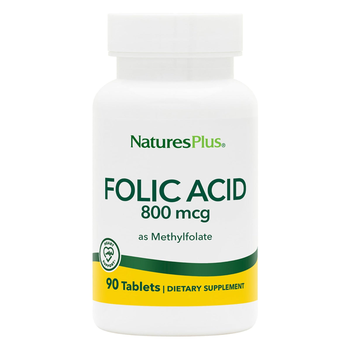 Nature's Plus Folic Acid Hearts bottle with 800 mcg methylfolate 90 vegan tablets