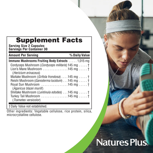 Seven mushroom blend for immune support: Cordyceps, Lion’s Mane, Maitake, Reishi, Royal Sun, Shitake and Turkey Tail