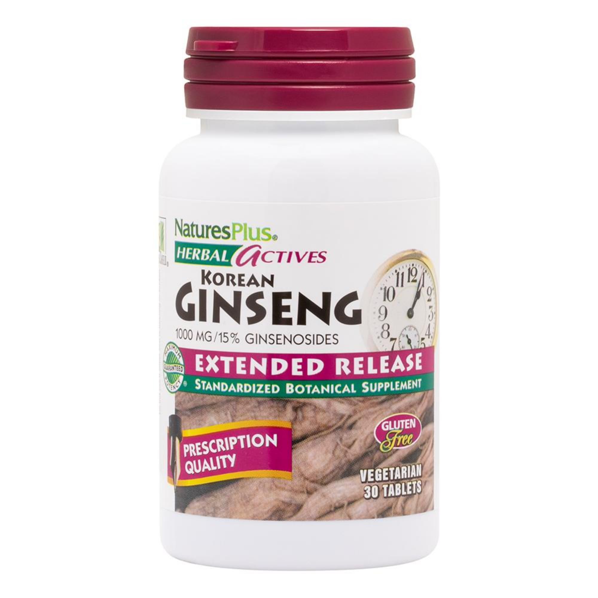 Bottle of Natures Plus Korean Ginseng Extended Release 1000 mg – 30 vegan tablets