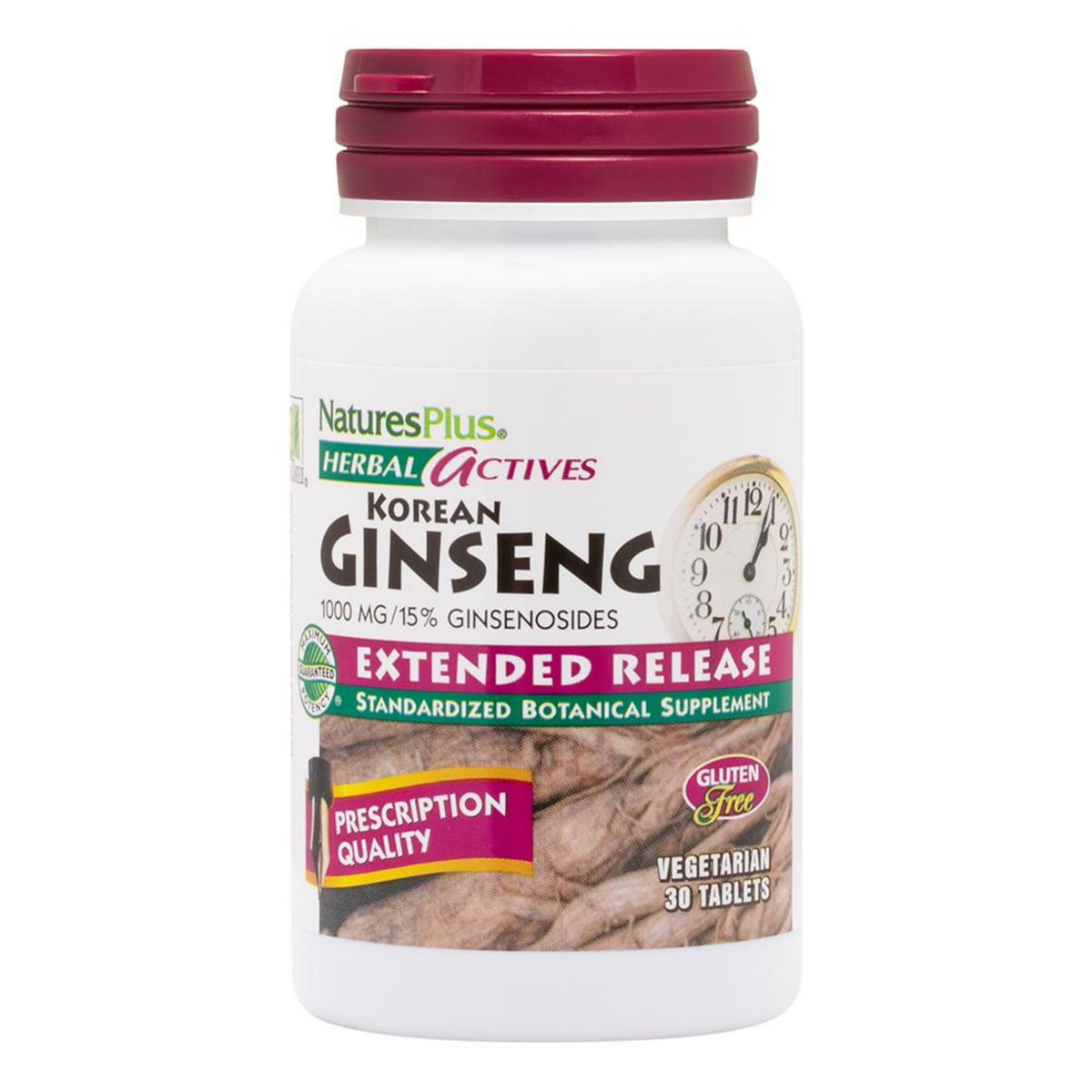 Bottle of Natures Plus Korean Ginseng Extended Release 1000 mg – 30 vegan tablets