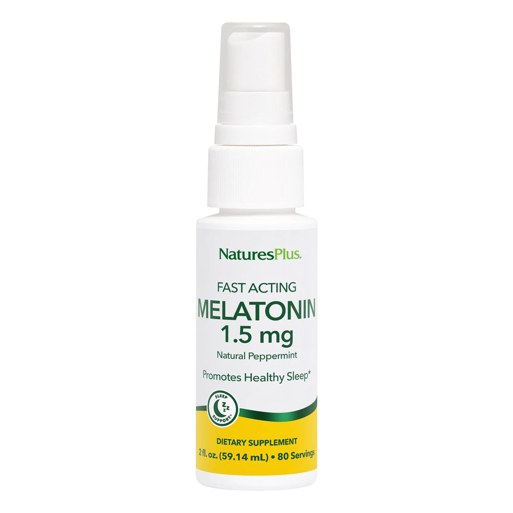 Front view of Natures Plus Melatonin Lipoceutical Spray bottle with peppermint flavor label