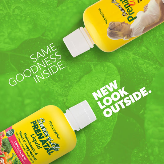 Close-up of liquid prenatal formula highlighting whole-food ingredients
